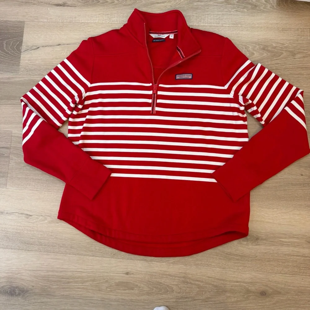 Vineyard Vines Pullover 1/4 Red Striped Relaxed Shep Shirt Soft Preppy Sz Medium - Picture 2 of 12
